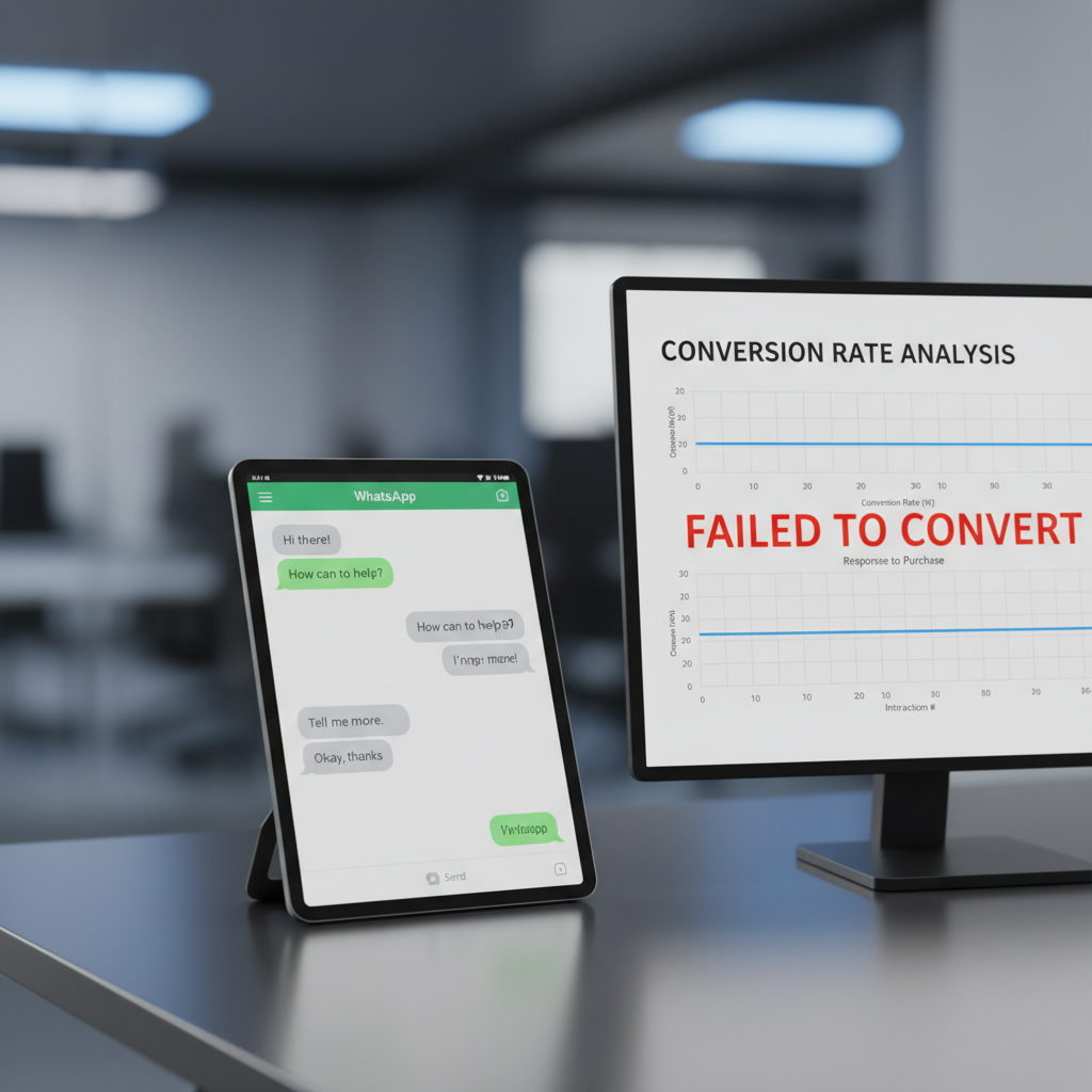 A photorealistic image of a tablet showing a WhatsApp-style chat interface with generic message bubbles and a nearby analytics dashboard displaying a flat conversion line, illustrating responses that fail to convert. Cinematic lighting, professional studio quality, 8k.