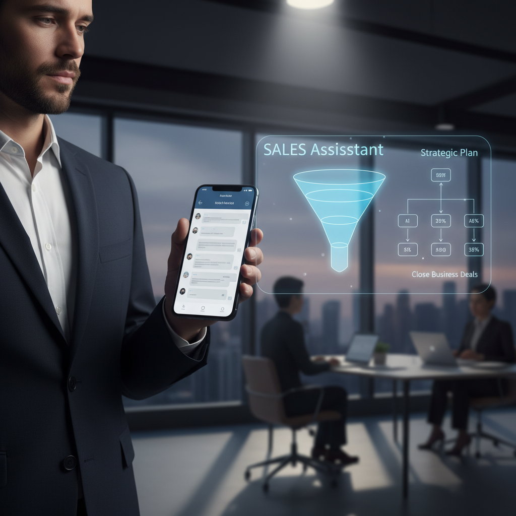 A photorealistic image of a business professional in a modern office holding a smartphone that shows a chat interface resembling a messaging app with stalled sales messages, while a luminous AI assistant hologram hovers beside the phone displaying a clear sales funnel and action plan to close deals, with no readable text in the screen UI. Cinematic lighting, professional studio quality, 8k.