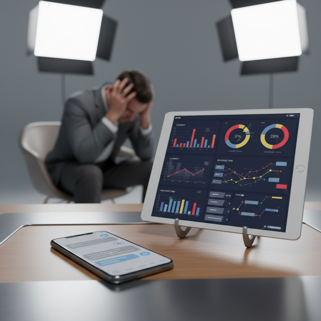 A photorealistic image of a customer service desk where a smartphone shows a messaging app with a stalled conversation, a tablet displays a dashboard with latency indicators and fragmented information, and a disappointed customer sits nearby, illustrating the blocking factors of the WhatsApp customer experience today, with no readable text in the UI. Cinematic lighting, professional studio quality, 8k.