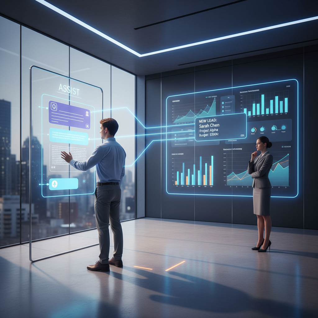 A photorealistic image of a modern showroom where a visitor uses a transparent touchscreen chatbot interface, with glowing arrows connecting the chat to a wall-mounted CRM dashboard showing stacked charts and a highlighted lead card, while a sales executive observes. Cinematic lighting, professional studio quality, 8k.