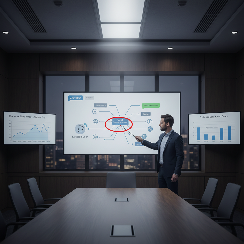 A photorealistic image of a conference room where a large monitor displays a chatbot conversation flow with a bottleneck at a mid-conversation step, a stressed user avatar, and a data analyst highlighting the bottleneck with a pointer, with two additional monitors showing performance graphs. Cinematic lighting, professional studio quality, 8k.