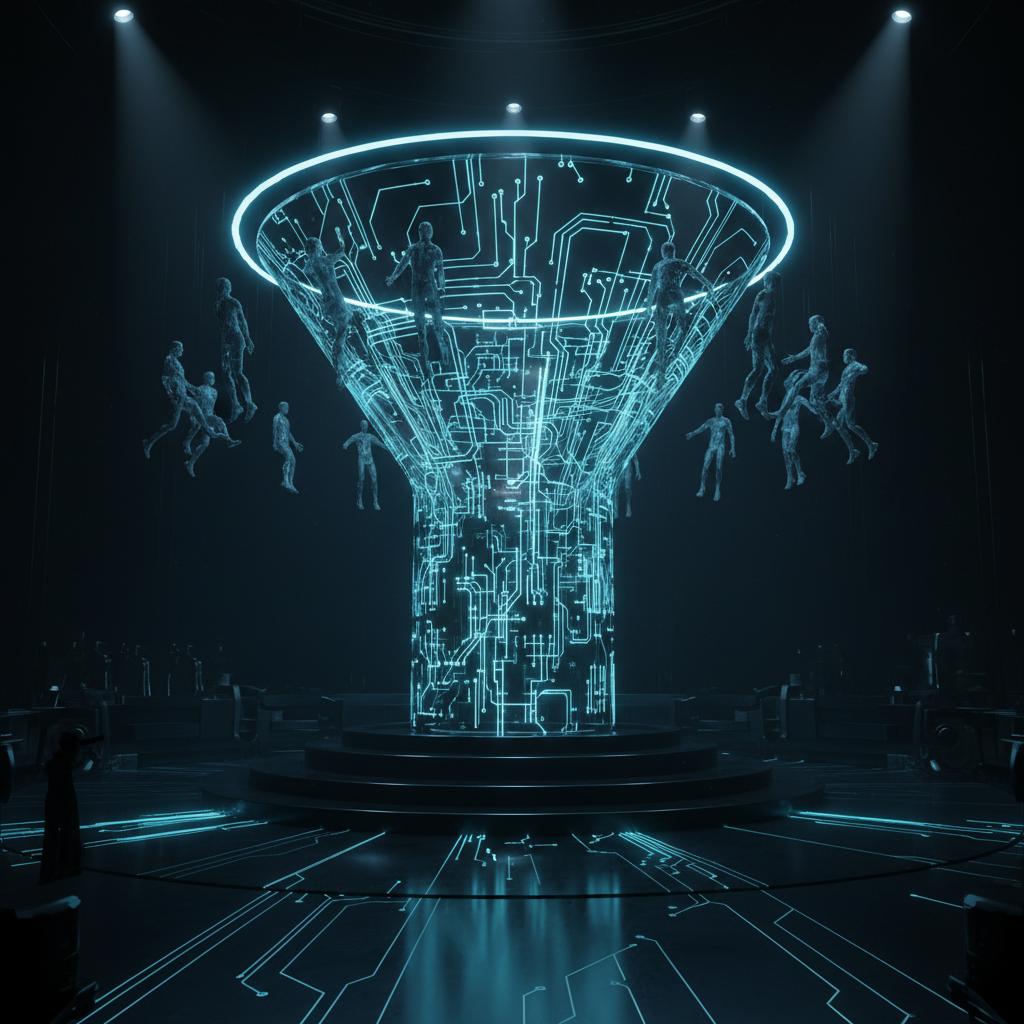 A photorealistic image of a colossal funnel at the top of a dark stage, the funnel appearing glassy with an illuminated AI circuit texture and a subtle rim trap, leads depicted as frozen semi-transparent silhouettes around the opening, blue and cyan ambient light reflecting off metallic surfaces. Cinematic lighting, professional studio quality, 8k.