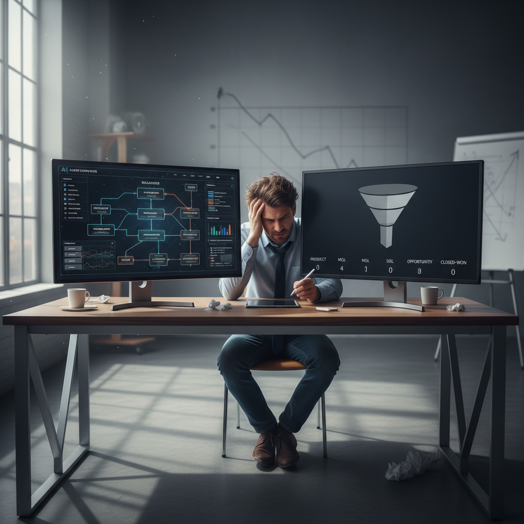 A photorealistic image of a modern desk with two large monitors displaying a dense AI-driven lead scoring model and an empty sales funnel, a frustrated marketing analyst seated and scrutinizing the screens. Cinematic lighting, professional studio quality, 8k.
