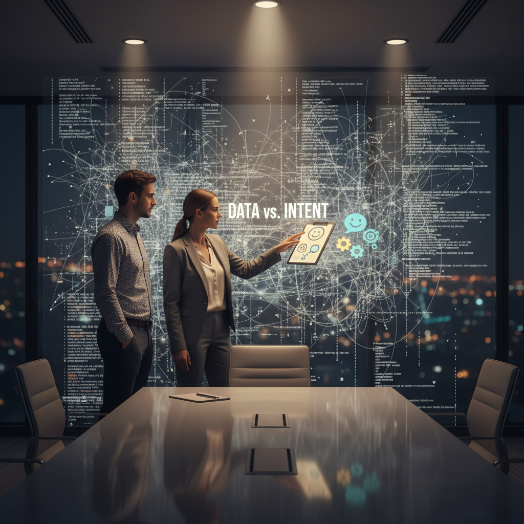 A photorealistic image of a conference room with a data scientist and a marketing leader standing before a wall-sized dashboard of raw data points, the leader pointing to a clipboard containing abstract icons representing human context, illustrating the gap between data and business intent. Cinematic lighting, professional studio quality, 8k.