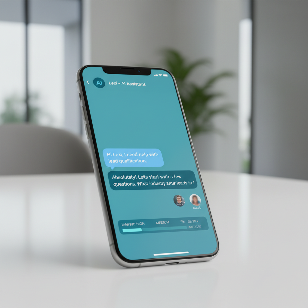 A photorealistic image of a smartphone on a clean desk showing a WhatsApp-like chat interface with an AI assistant guiding a conversation and subtle lead-score indicators and contact previews in a sleek blue-green palette. Cinematic lighting, professional studio quality, 8k.