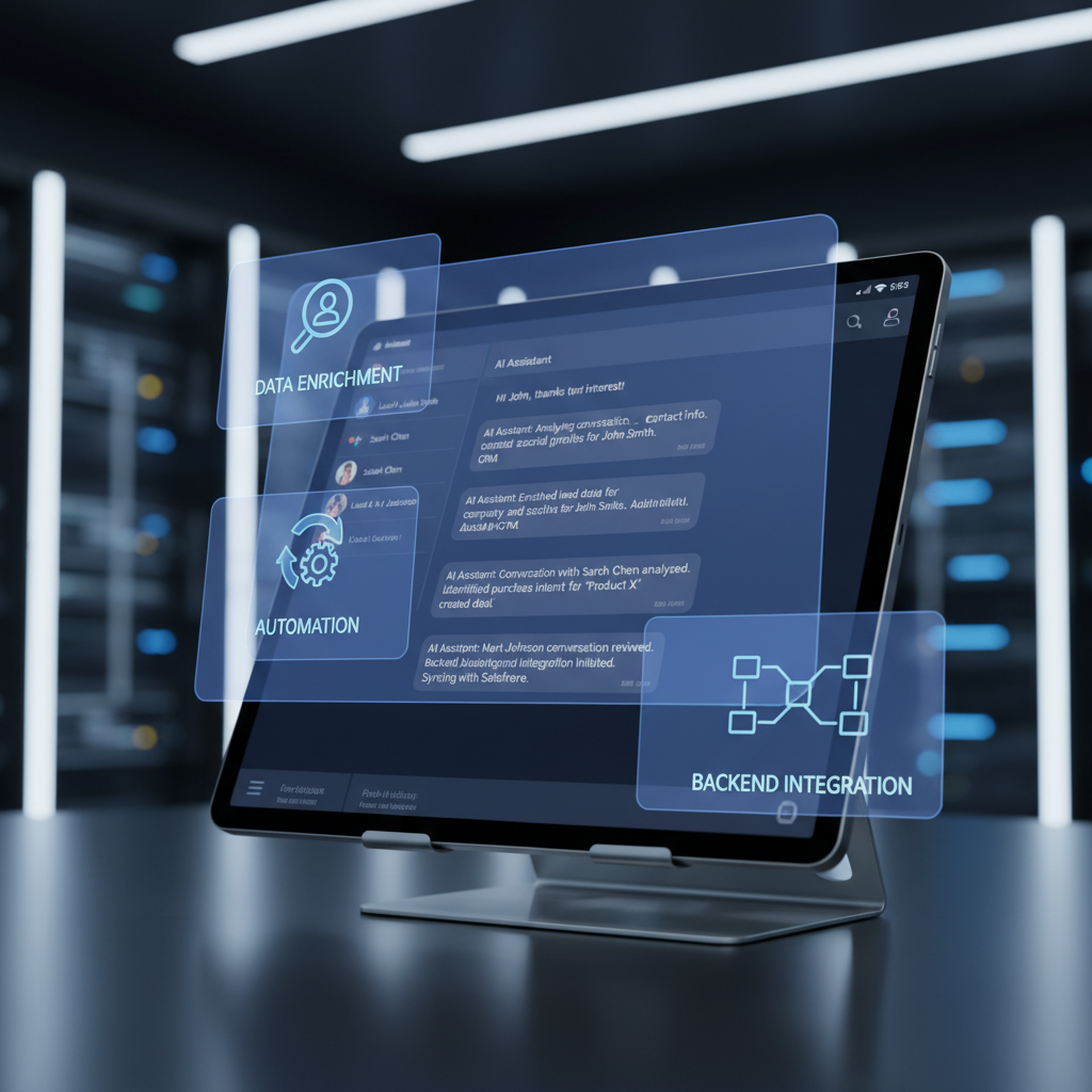 A photorealistic image of a tablet screen showing a WhatsApp-like chat interface where an AI assistant analyzes conversations and automatically enriches leads, with a translucent overlay of icons representing data enrichment, automation, and backend integration. Cinematic lighting, professional studio quality, 8k.