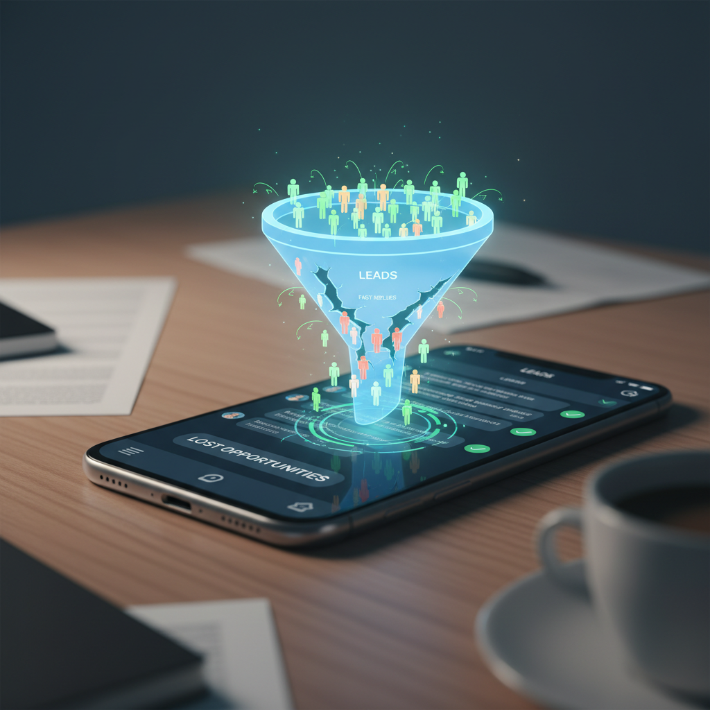 A photorealistic image of a close-up desk scene showing a smartphone with a WhatsApp-style chat window; several conversations with rapid-response indicators and a visible funnel graphic illustrating leads slipping away despite fast replies. Cinematic lighting, professional studio quality, 8k.
