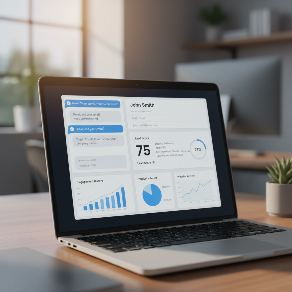 A photorealistic image of a laptop screen beside a CRM dashboard; a chatbot interface on the left is collecting user details and populating a customer profile on the right with data points and a rising lead score, accompanied by charts and graphs. Cinematic lighting, professional studio quality, 8k.