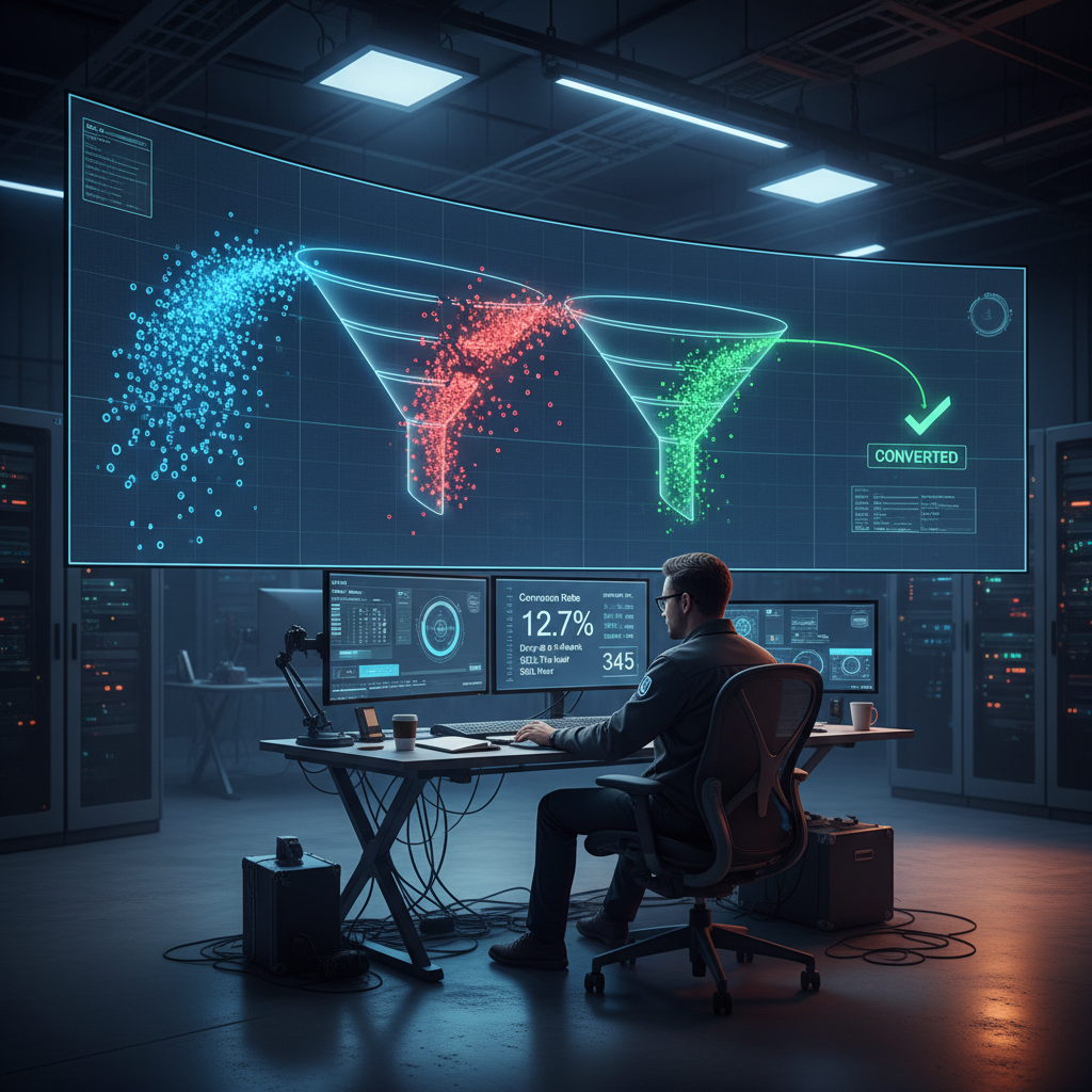 A photorealistic image of a marketing operations command center with a wall of screens displaying a complex lead funnel; leads flow in from the left while a mid-funnel drop-off occurs and a focused analyst monitors conversion metrics on a large monitor. Cinematic lighting, professional studio quality, 8k.