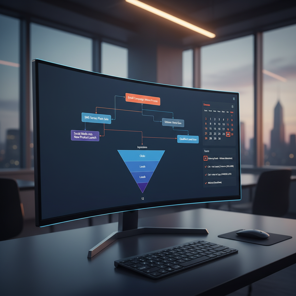 A photorealistic image of a desktop dashboard showing a marketing automation workflow with multiple campaigns and a funnel chart where the bottom segment has very few conversions, alongside a calendar and task list indicating delayed follow-ups. Cinematic lighting, professional studio quality, 8k.