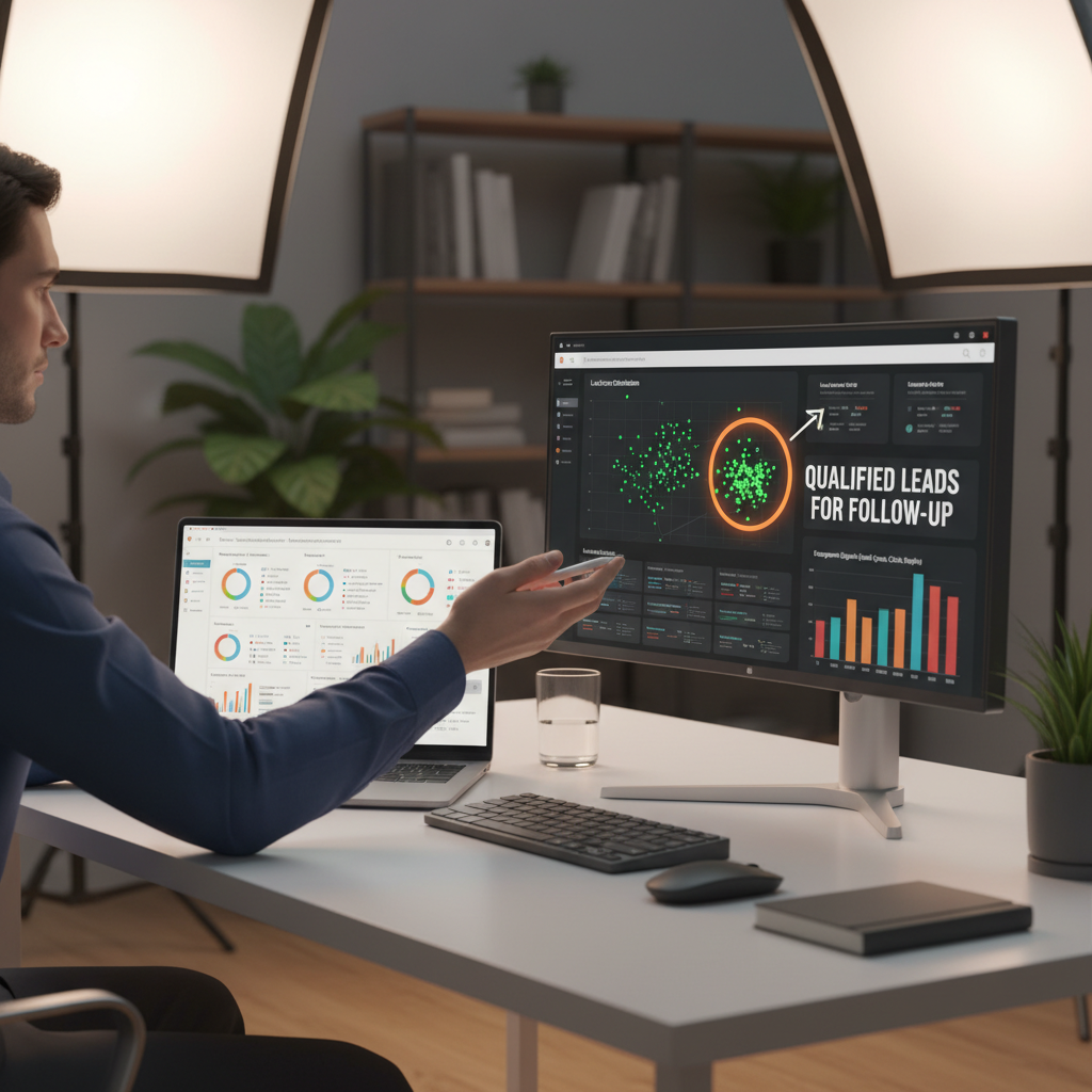 A photorealistic image of a data analyst at a clean desk comparing a CRM dashboard on a laptop and a secondary monitor displaying lead score distributions and engagement signals, highlighting a cluster that represents qualified leads for follow-up. Cinematic lighting, professional studio quality, 8k.