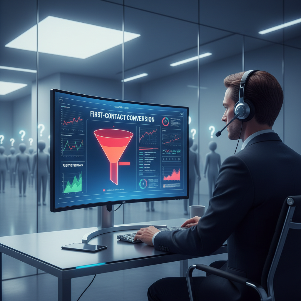 A photorealistic image of a customer service agent at a sleek desk wearing a headset, staring at a computer monitor that shows a glowing dashboard with a red, shrinking first-contact conversion funnel; a glass wall behind reveals a waiting queue of leads. Cinematic lighting, professional studio quality, 8k.