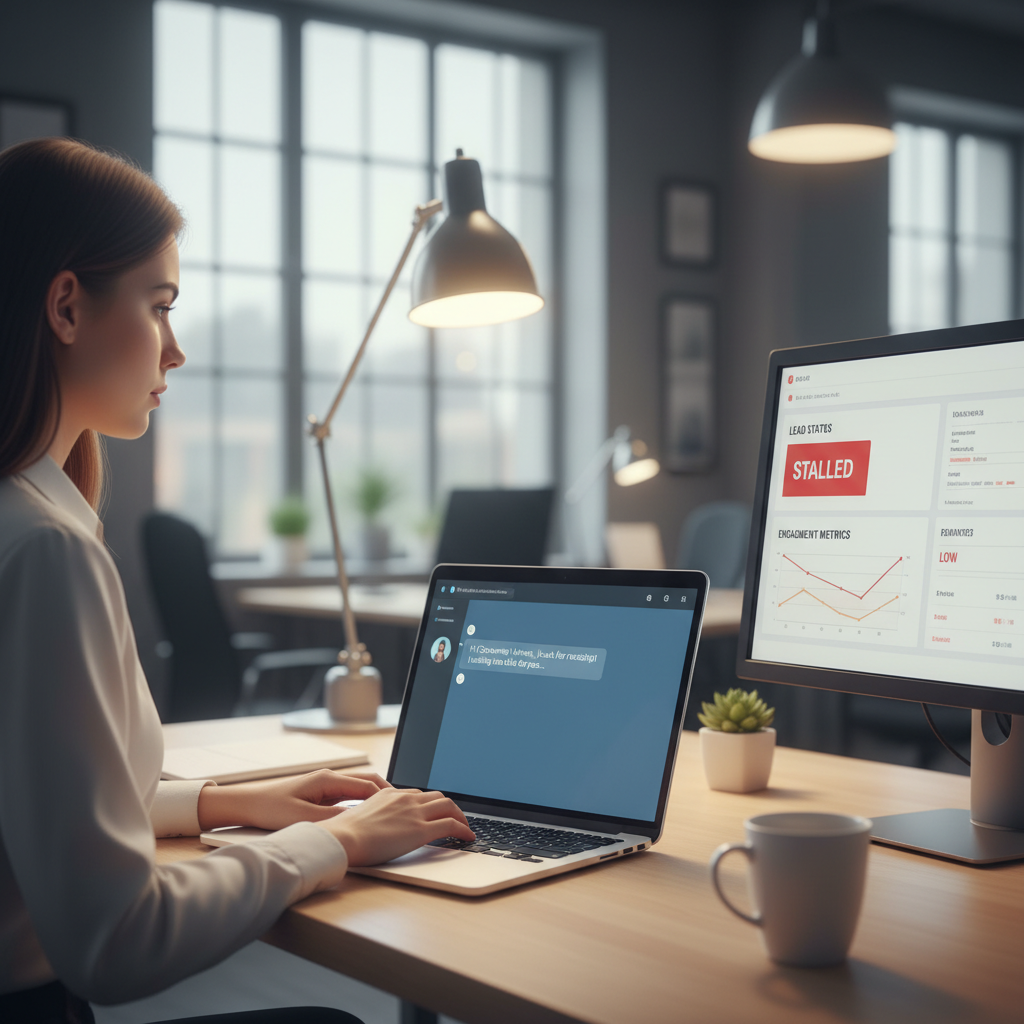 A photorealistic image of a customer service agent typing a first reply in a chat window on a laptop, with a second monitor displaying a CRM dashboard where lead status appears stalled and engagement metrics are low; soft office lighting, minimalistic desk setup. Cinematic lighting, professional studio quality, 8k.