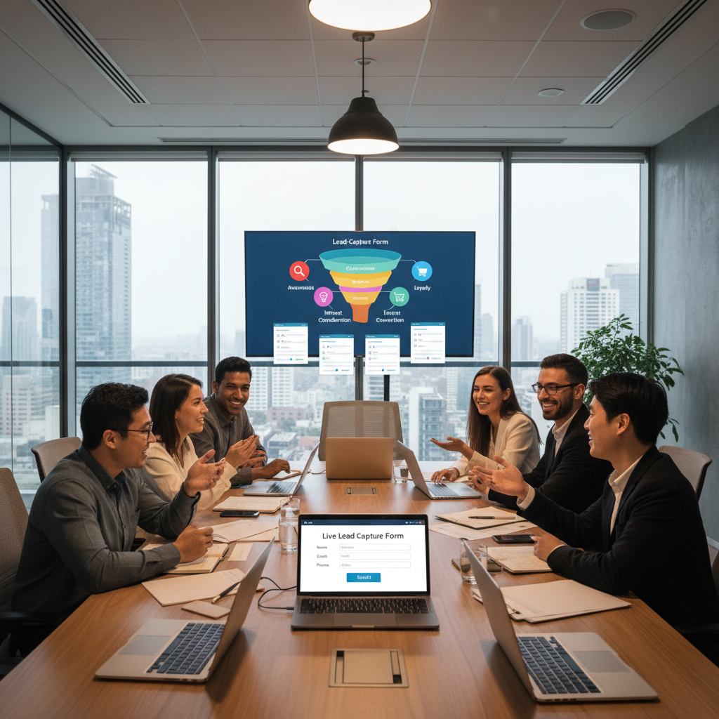 A photorealistic image of a marketing team in a glass-walled conference room around a table with laptops and a large display showing a lead-capture funnel and digital forms; a tablet on the table presents a live capture form as team members discuss; bright, collaborative lighting. Cinematic lighting, professional studio quality, 8k.
