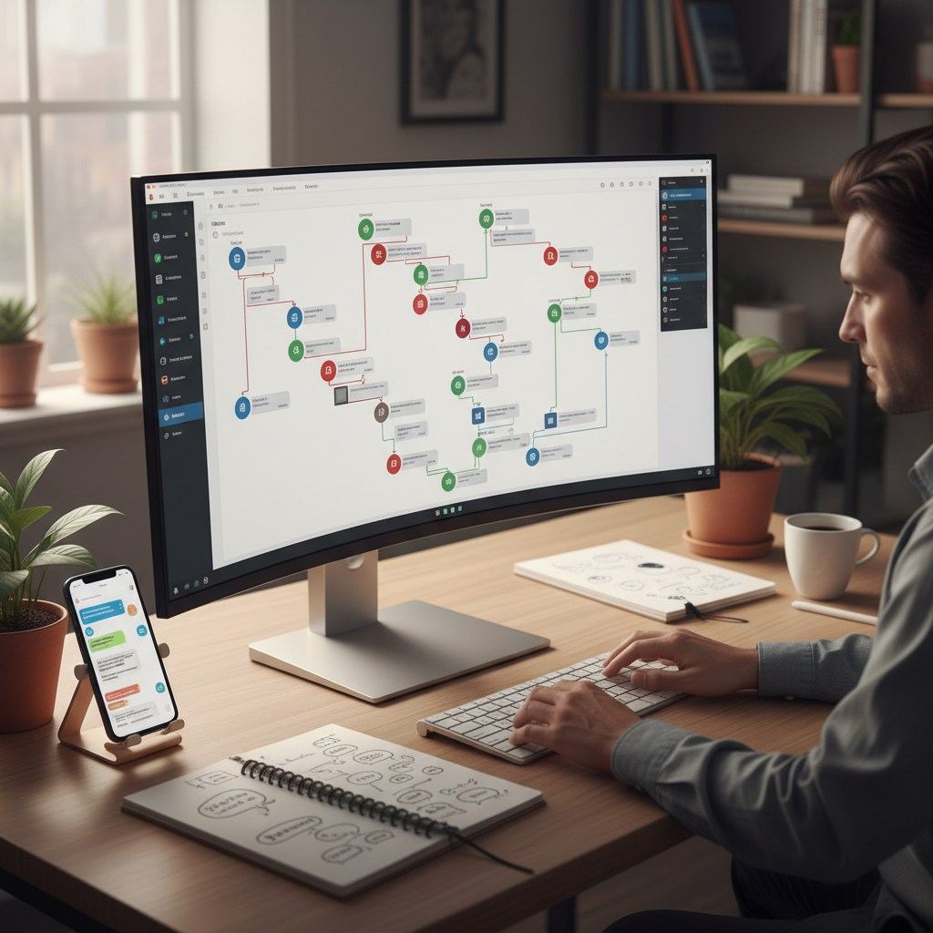 A photorealistic image of a designer at a workstation crafting chat flows: a large monitor displays a visual flowchart of messages, questions, and triggers as icons and decision branches; a smartphone shows a live chat thread; a notebook with sketches sits nearby in a calm office. Cinematic lighting, professional studio quality, 8k.