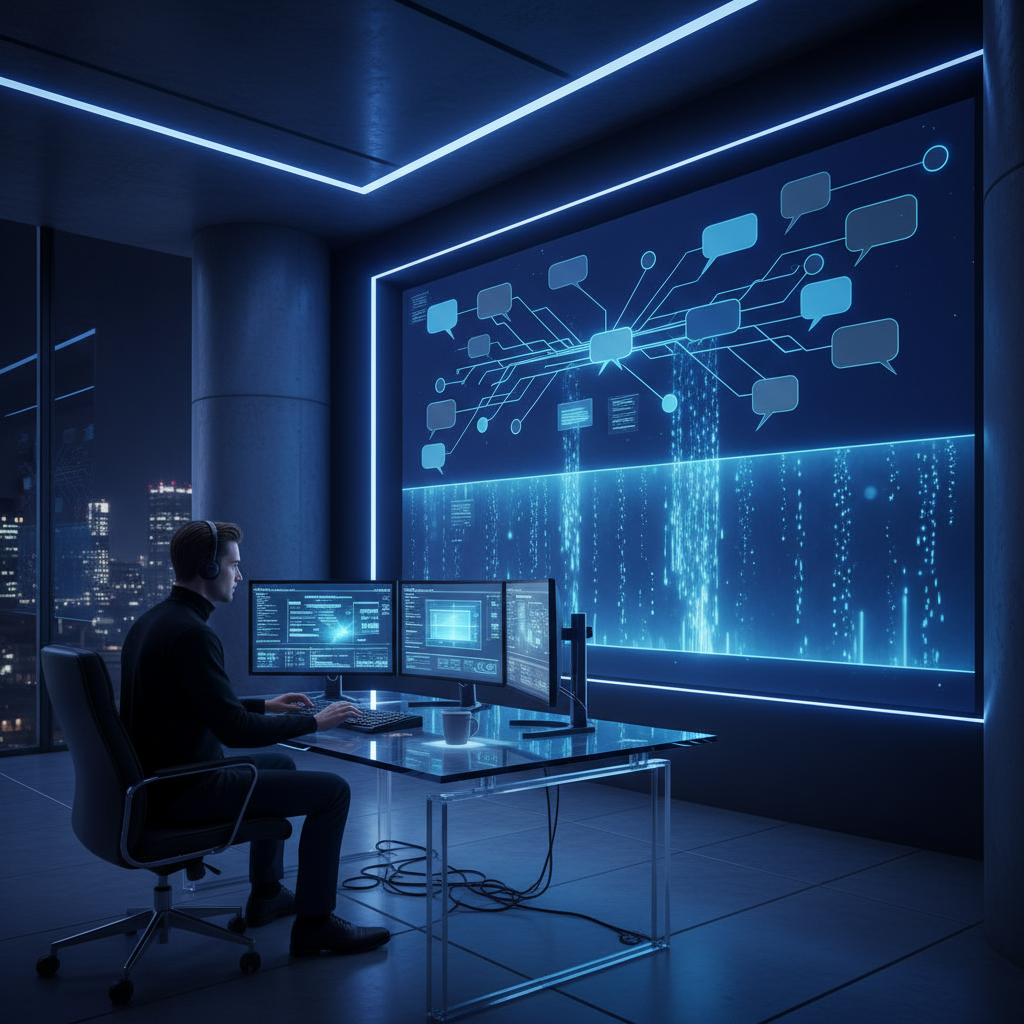 A photorealistic image of a sleek marketing operations center at night, with a large wall screen displaying interconnected blue-gray chat bubbles and an abstract downward-trending data visualization, a focused analyst seated at a glass desk monitoring the display. Cinematic lighting, professional studio quality, 8k.
