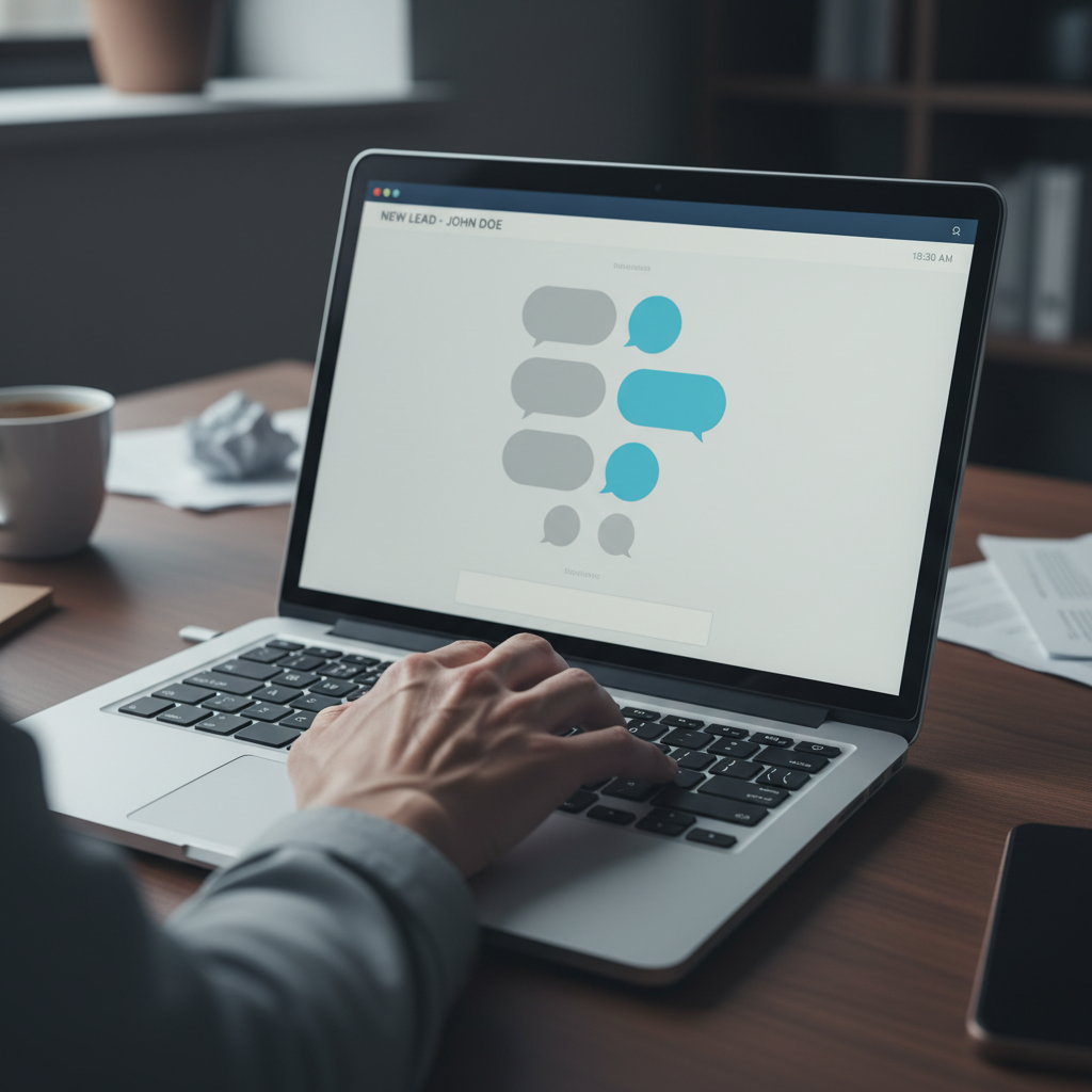 A photorealistic image of a laptop on a desk displaying a chat interface with several empty gray and blue speech bubbles, representing an ineffective first-contact conversation; a stressed marketer's hand rests on the keyboard as cool lighting reflects off the screen. Cinematic lighting, professional studio quality, 8k.