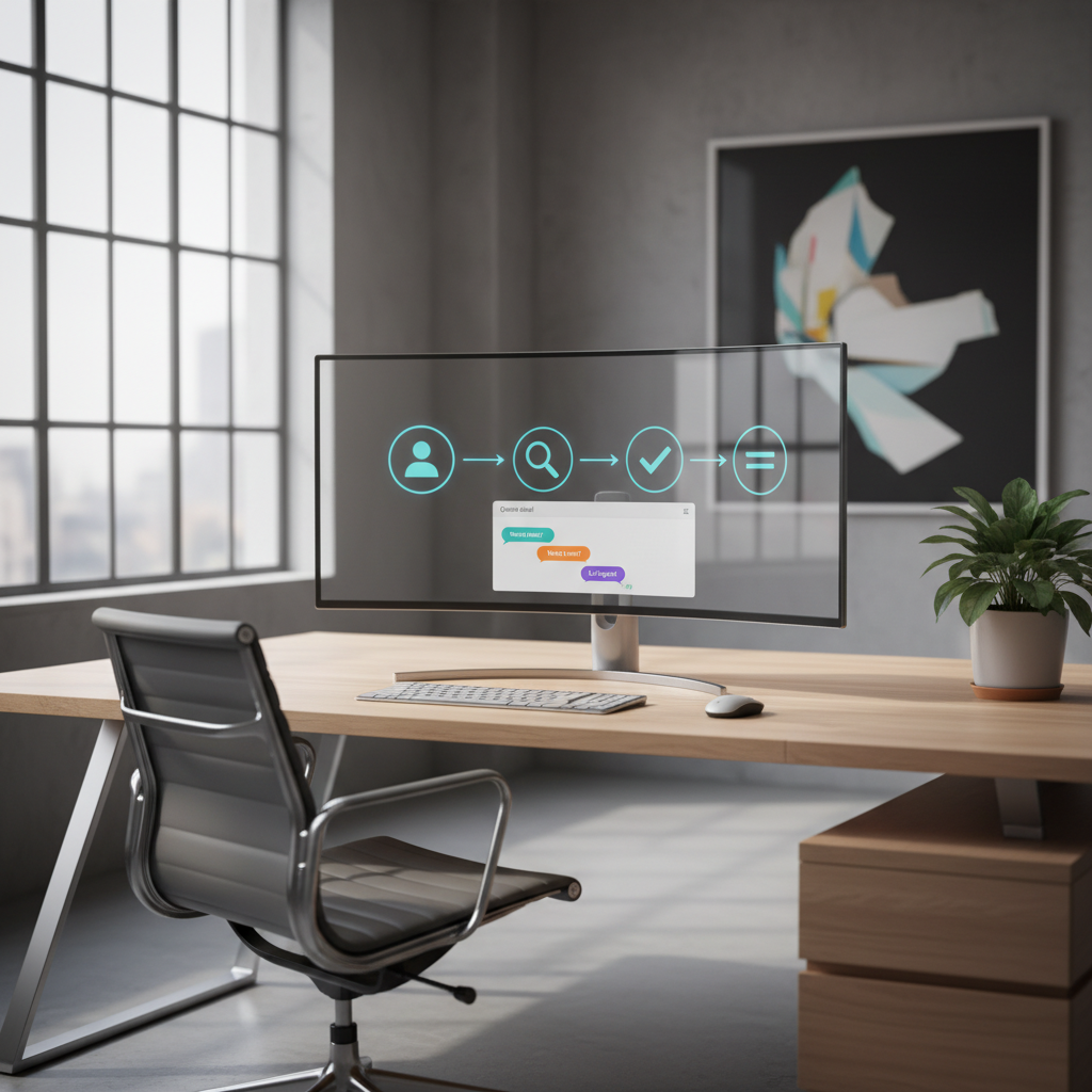 A photorealistic image of a modern workspace with a large monitor displaying a clear, multi-step conversation flow diagram using icons (person, magnifying glass, checkmark) connected by arrows, beside a chat window with colored bubbles suggesting engaging responses. Cinematic lighting, professional studio quality, 8k.