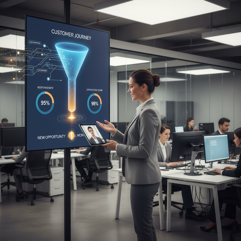 A photorealistic image of a modern customer support agent on a video call with a client in a sleek open-plan office, with a wall-mounted dashboard displaying a glowing vertical funnel and dynamic charts, where live responses visually flow through the funnel into bright opportunities. Cinematic lighting, professional studio quality, 8k.