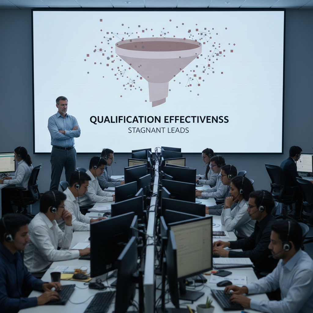 A photorealistic image of a busy call center with multiple agents at their desks; a large screen shows a flat, stagnant funnel and scattered data points, conveying ineffective qualification, while a manager watches with a concerned expression. Cinematic lighting, professional studio quality, 8k.