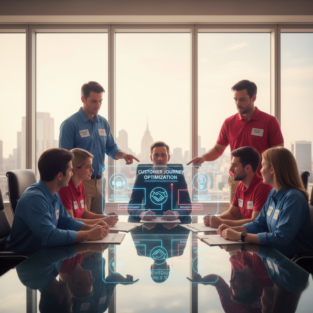 A photorealistic image of a cross-functional workshop in a bright conference room, with support and sales teammates around a glass table; a holographic board shows a seamless handoff of customer interactions into a pre-sales workflow, illustrated by flowing lines and interconnected icons. Cinematic lighting, professional studio quality, 8k.