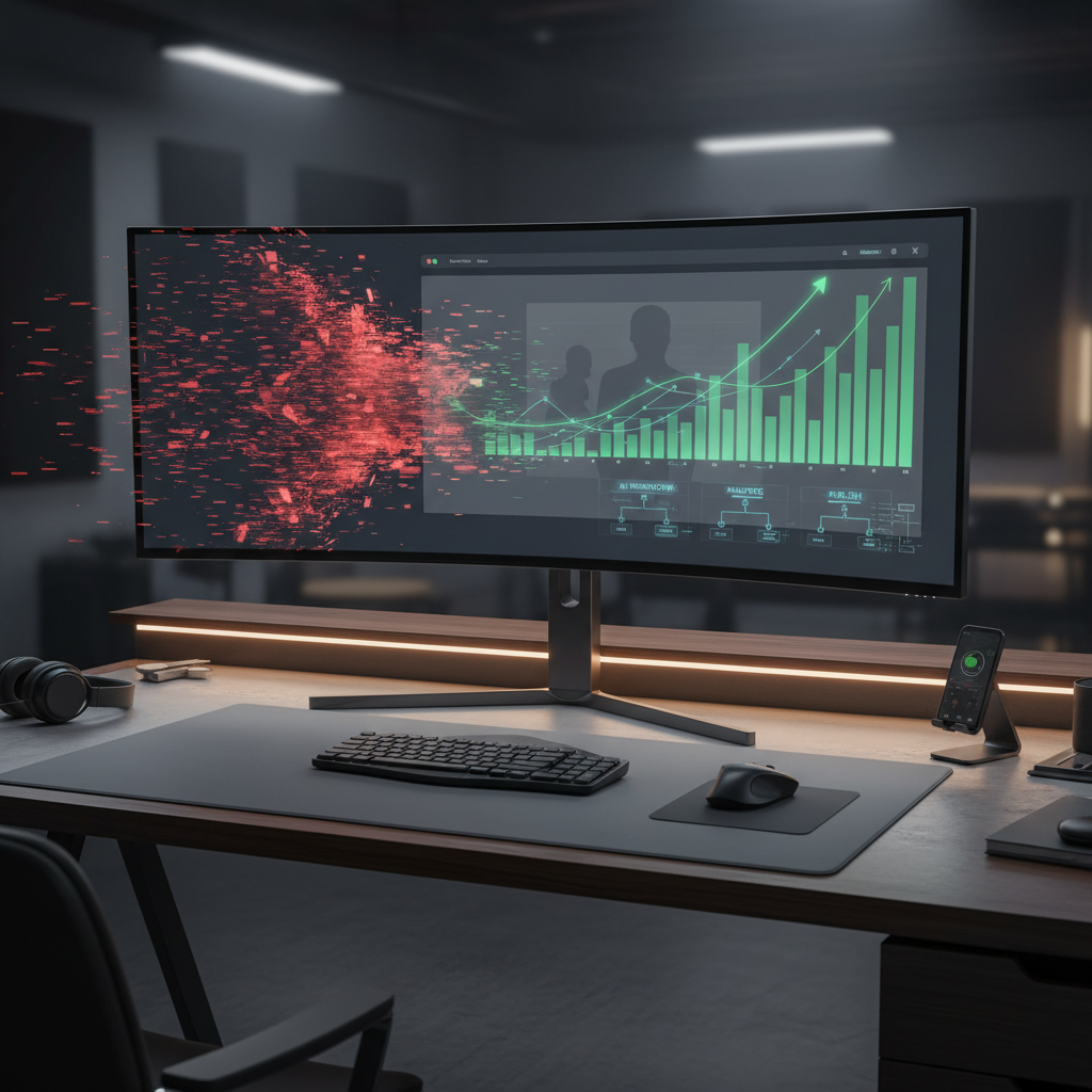 A photorealistic image of a modern content studio desk with a large curved monitor showing a 3D data visualization: red glitch-like particles representing errors converge into green upward-trending graphs and a subtle webpage silhouette on the screen, all linked to a sleek AI workflow interface. Cinematic lighting, professional studio quality, 8k.