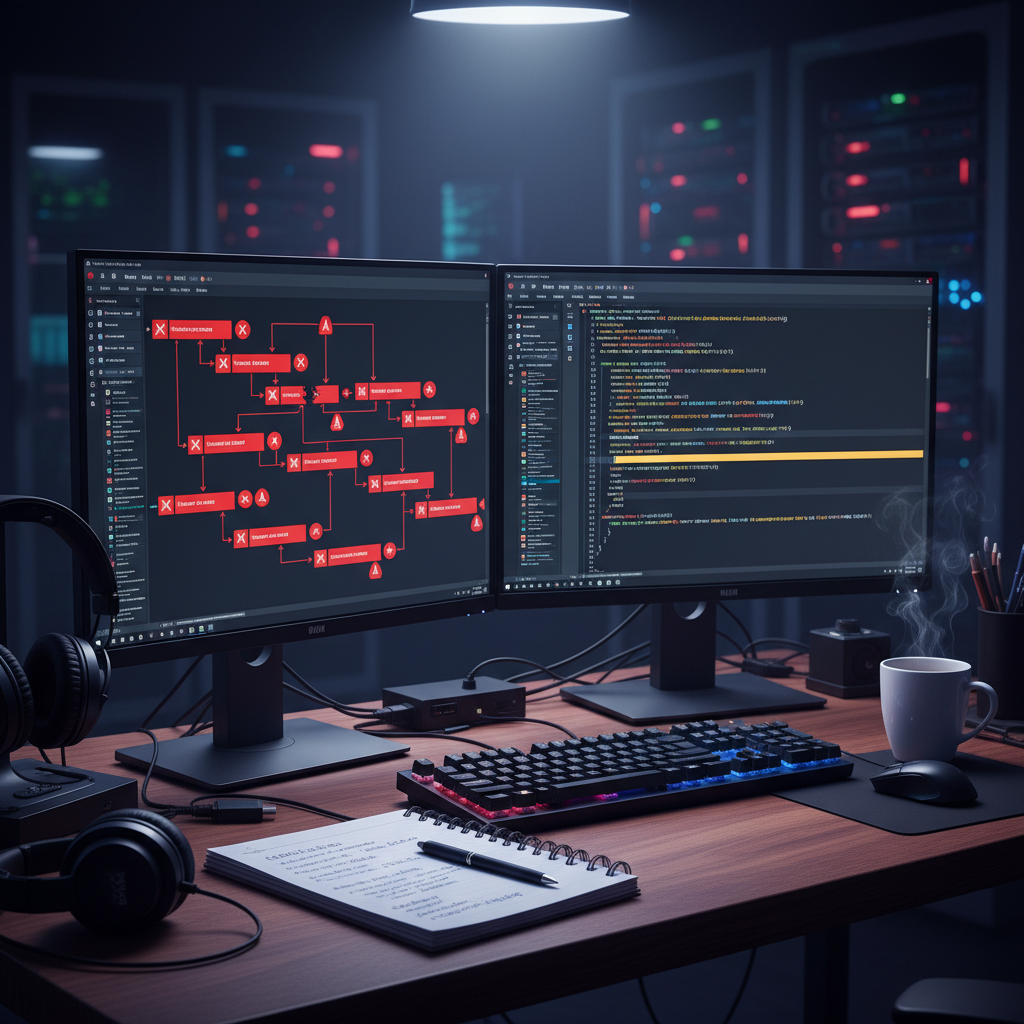 A photorealistic image of a programmer's workstation with two monitors: one displaying a schematic data pipeline with broken links and red error indicators, and the other showing a code editor with highlighted lines; a keyboard, notebook, and coffee cup in the foreground. Cinematic lighting, professional studio quality, 8k.