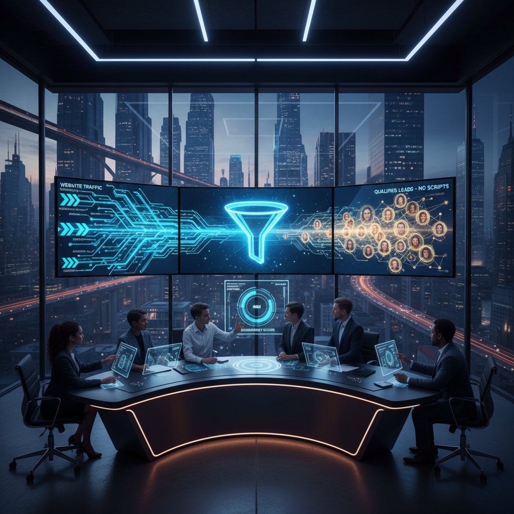 A photorealistic image of a cutting-edge sales command center visualizing the concept of turning traffic into leads without scripts: a sleek desk with multiple 4K screens showing a dynamic funnel, streams of glowing data arrows entering the funnel and emerging as a cluster of bright, engaged avatars, a diverse team analyzing the flow through glass walls with a cityscape beyond. Cinematic lighting, professional studio quality, 8k.