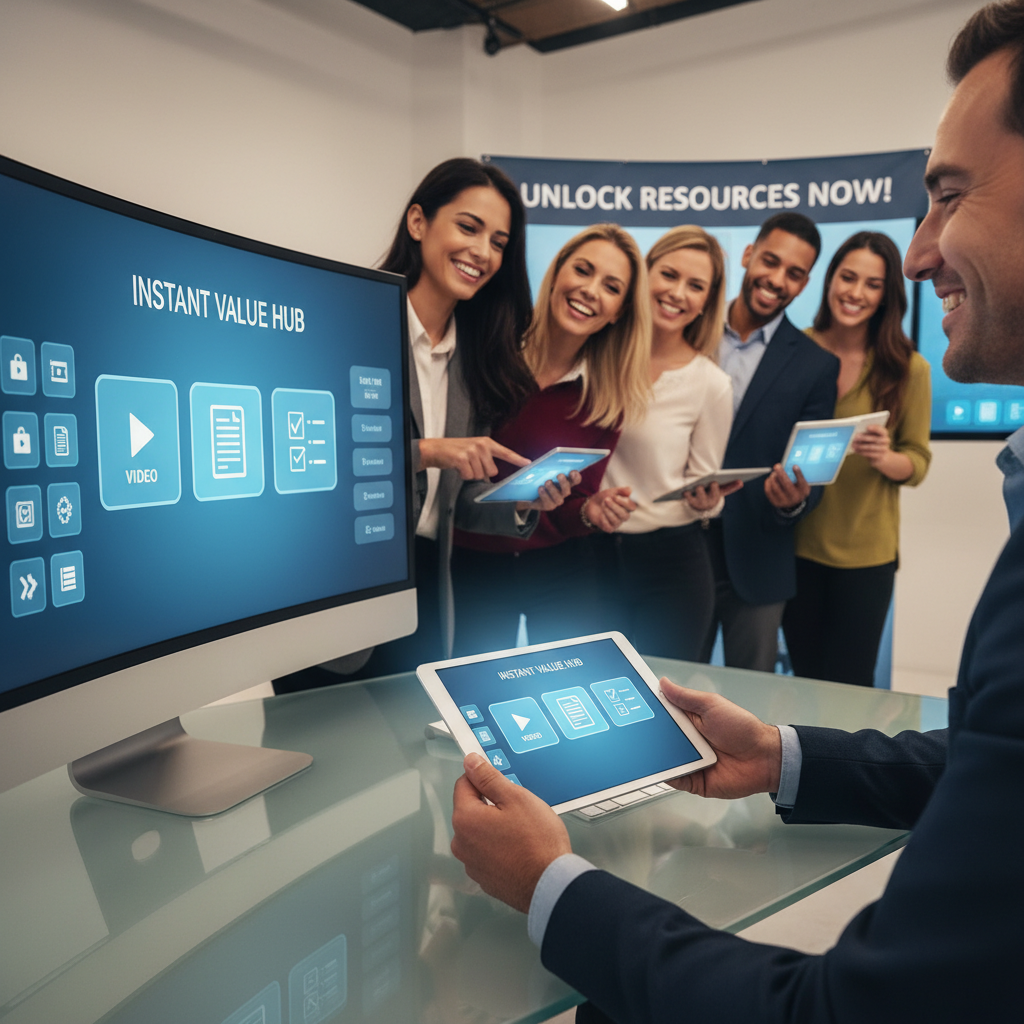 A photorealistic image of a value-first lead capture moment before sales contact: a marketer at a sleek desk presents a tablet and a large monitor showing an icon-based resource library with tiles for video, document, and checklist icons, to a line of prospective clients who receive immediate value. Cinematic lighting, professional studio quality, 8k.