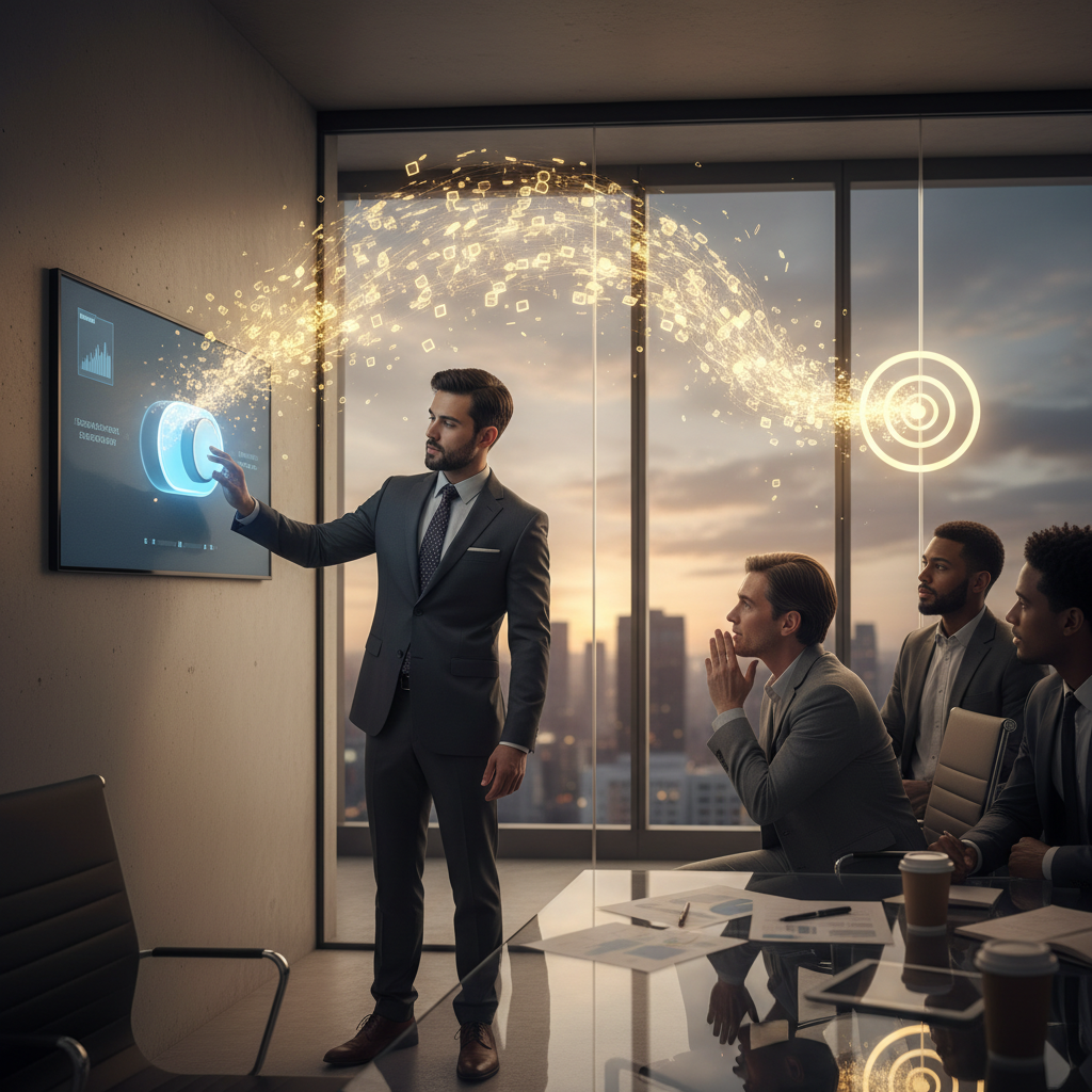 A photorealistic image of a modern sales meeting in a glass-walled conference room: a salesperson flips a single large toggle on a wall-mounted product dashboard, while a customer leans forward with a nod as glowing leads rise from the dashboard and funnel toward a target. Cinematic lighting, professional studio quality, 8k.