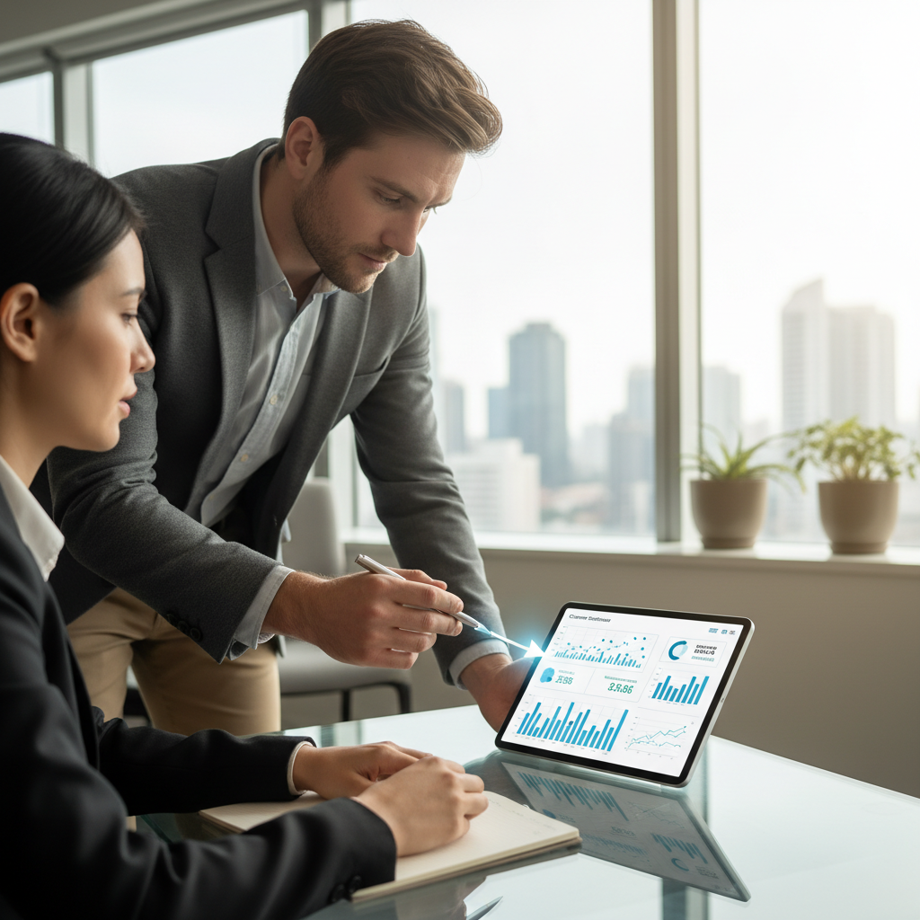 A photorealistic image of a one-on-one meeting in a bright office: a salesperson listens attentively to a customer as they gesture toward a tablet displaying a clean analytics dashboard with charts and data points, representing feedback being captured as data. Cinematic lighting, professional studio quality, 8k.
