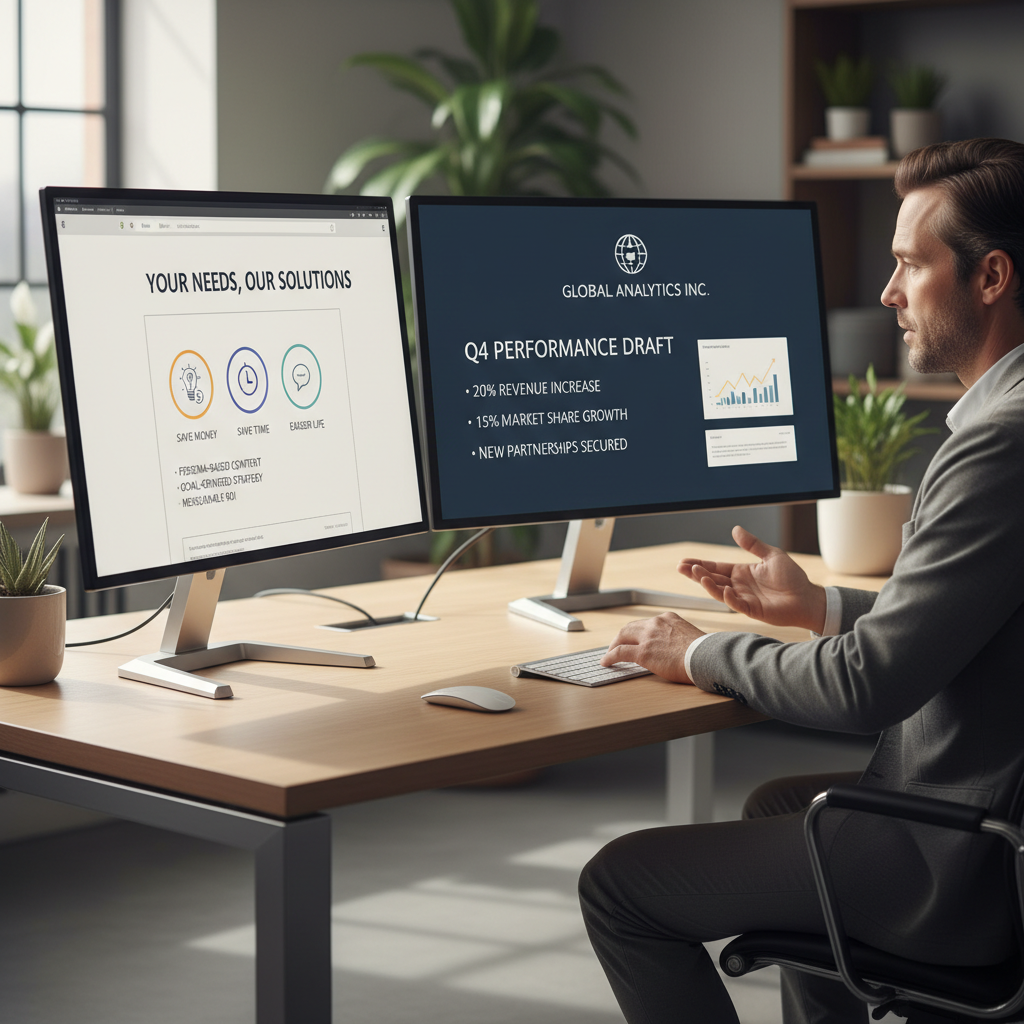 A photorealistic image of a marketer at a modern desk with two computer monitors: the left monitor shows a reader-centric message layout focusing on the reader’s needs with icons suggesting benefits, the right monitor shows a sender-centric draft highlighting branding and company metrics; cinematic lighting, professional studio quality, 8k.