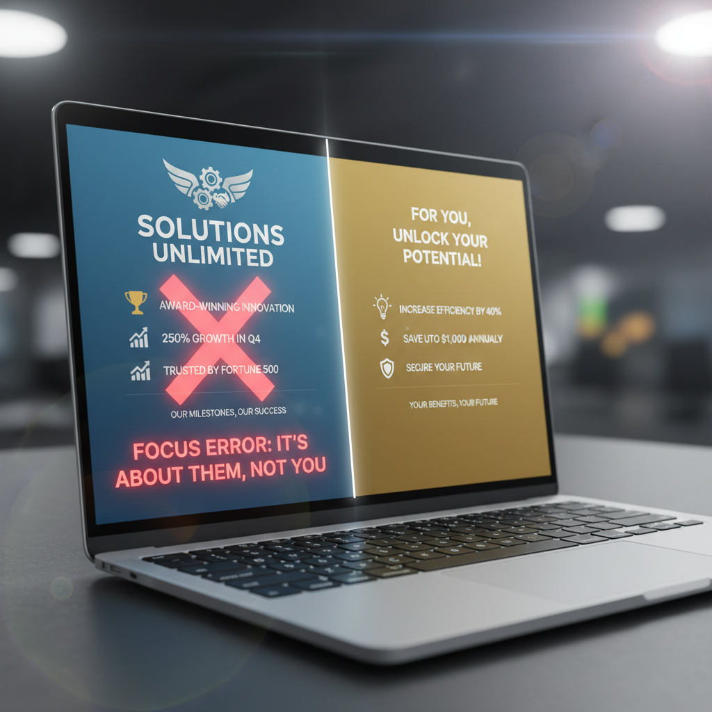 A photorealistic image of a laptop screen displaying a draft email split into two panels: the left panel emphasizes the sender's branding and achievements, the right panel emphasizes the reader's benefits, illustrating the focus error when the message talks about you instead of the reader; cinematic lighting, professional studio quality, 8k.