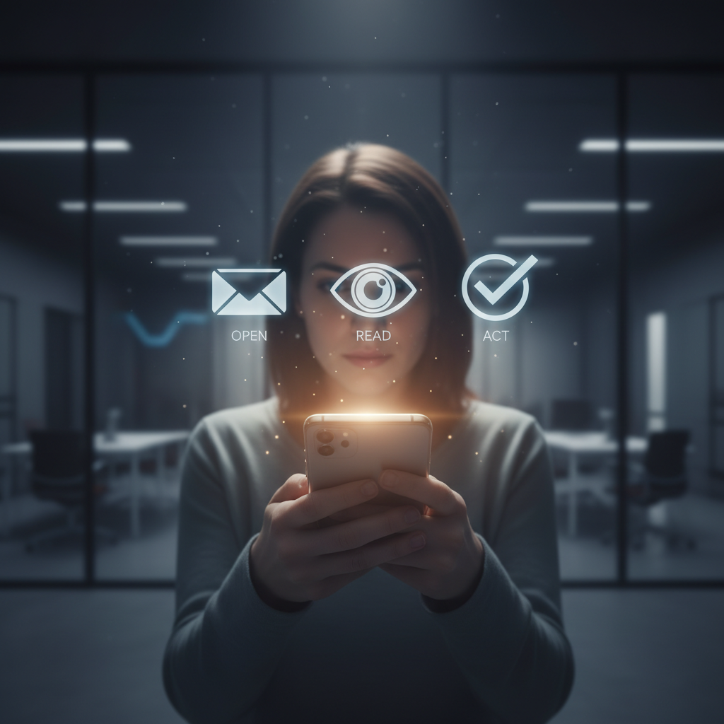 A photorealistic image of a person using a smartphone with three subtle holographic icons floating above: an envelope for opening, an eye for reading, and a checkmark for acting, representing the psychology behind opens, reads, and actions; cinematic lighting, professional studio quality, 8k.