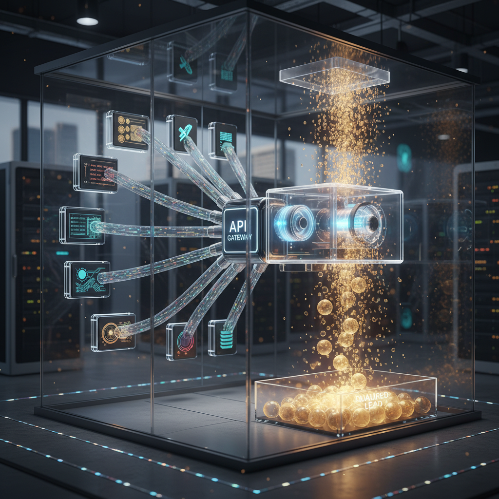 A photorealistic image of a central API gateway in a glass-walled data center, with translucent cables connecting to diverse integration modules, data streams flowing into a gleaming processing unit that outputs a cascade of glowing spheres representing qualified leads. Cinematic lighting, professional studio quality, 8k.