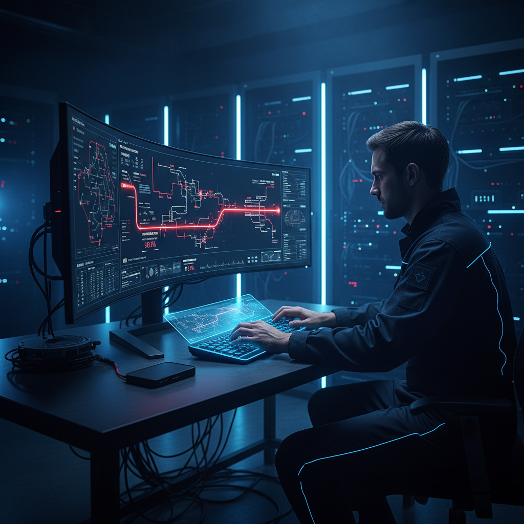 A photorealistic image of a diagnostics desk in a dim control room, a large monitor displays traffic metrics and a bottleneck diagram with red indicators, a technician studies the pipeline while servers glow with cool blue light. Cinematic lighting, professional studio quality, 8k.