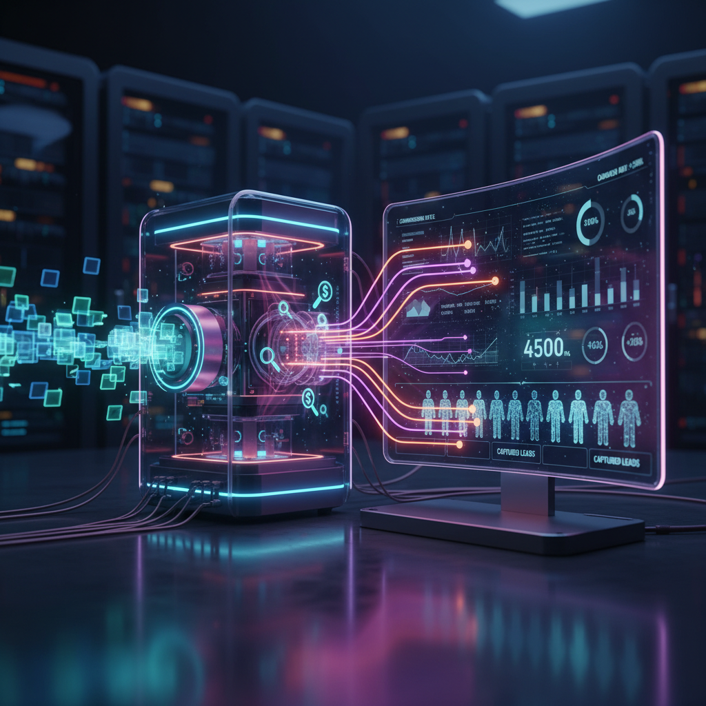 A photorealistic image of an automated data pipeline transforming API calls into captured leads: glowing data packets enter from the left, are enriched and routed through a high-tech processing line, and emerge as a row of illuminated avatars flowing into a sleek marketing dashboard. Cinematic lighting, professional studio quality, 8k.
