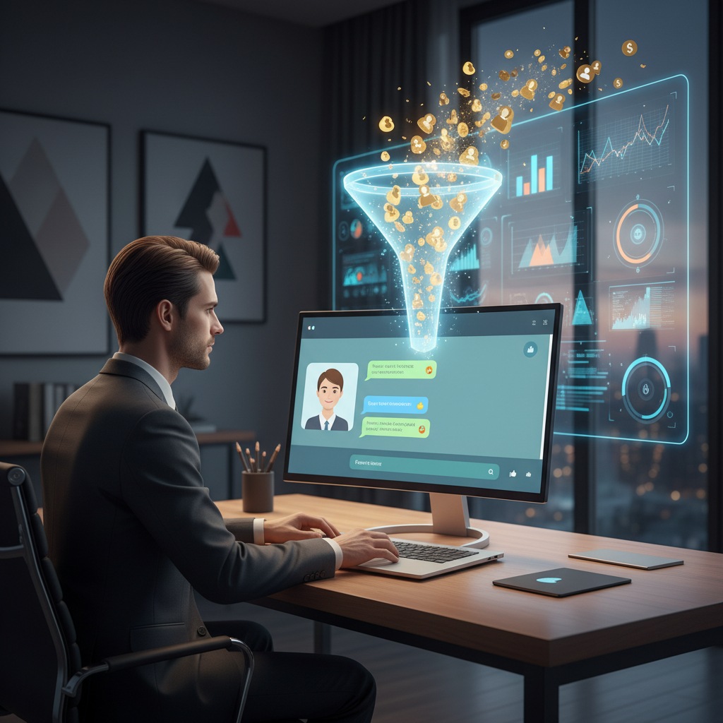 A photorealistic image of a business professional at a modern desk, laptop open with a chat interface displaying friendly bubbles and a humanlike avatar; a glowing funnel rises from the chat, turning into a stream of lead icons flowing toward a distant glowing dashboard. Cinematic lighting, professional studio quality, 8k.