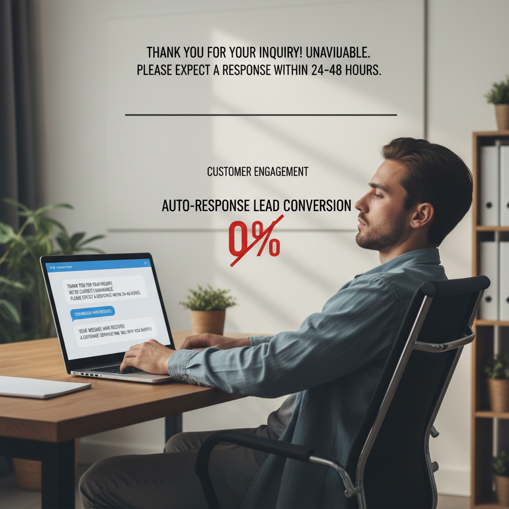 A photorealistic image of a person at a desk facing a laptop displaying a generic auto-reply chat interface; a wall chart behind shows a flat engagement line and the person's expression suggests disengagement, illustrating why auto-responses fail to convert leads. Cinematic lighting, professional studio quality, 8k.