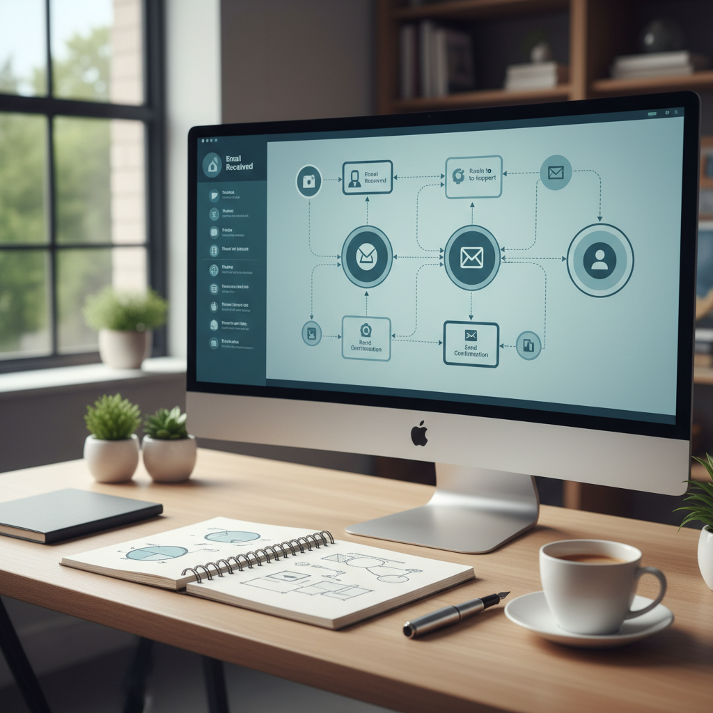 A photorealistic image of a bright, organized workspace with a large monitor displaying a modular auto-response workflow built from icons and arrows; a notebook with sketches, a pen, and a coffee cup sit nearby, with no text visible on screens. Cinematic lighting, professional studio quality, 8k.
