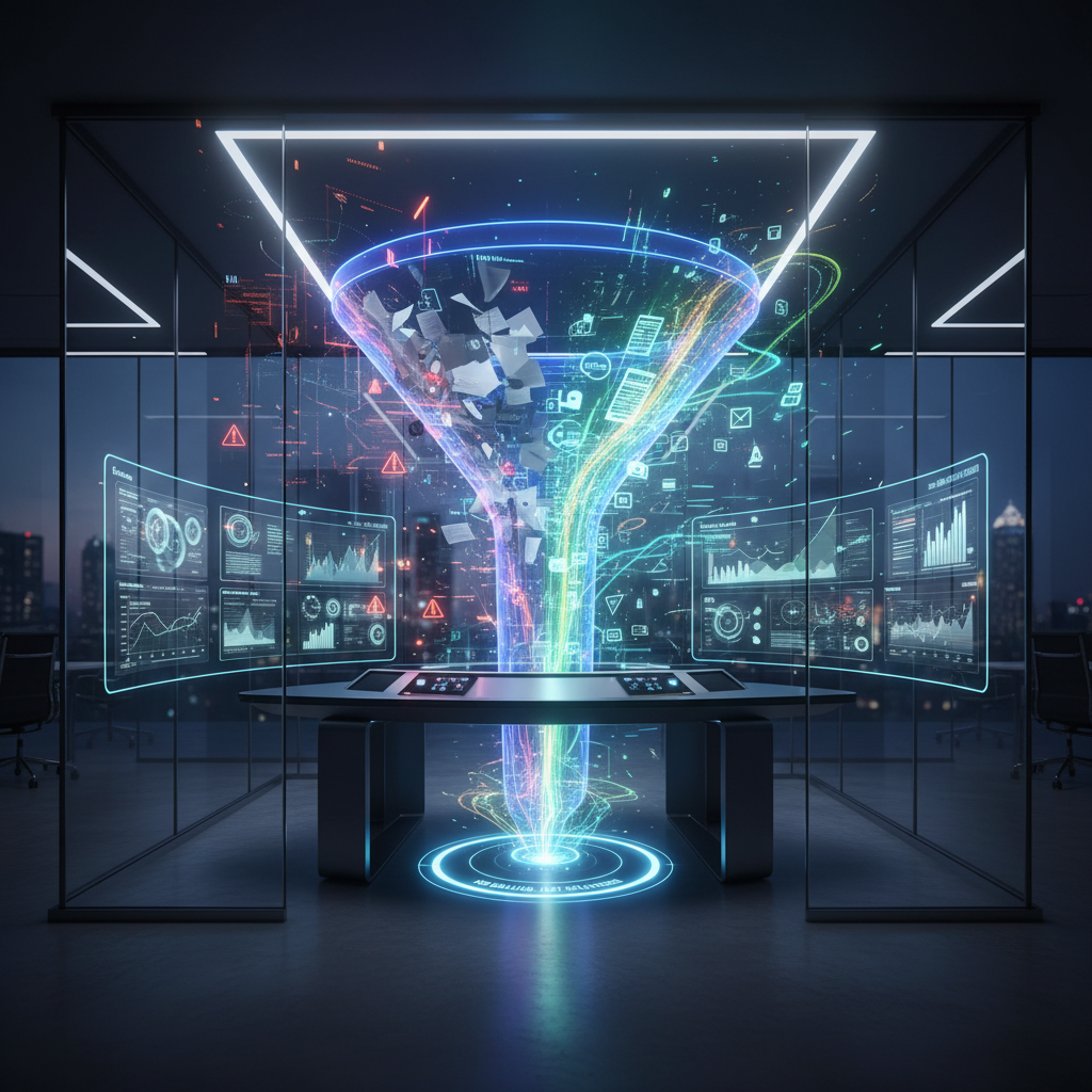 A photorealistic image of a modern marketing command center inside a glass-walled office, with a large holographic funnel projecting from a central console: the left side shows a chaotic cluster of crumpled proposals and stalled leads, while the right side glows with vibrant content assets guiding a seamless lead-capture pathway without selling. Cinematic lighting, professional studio quality, 8k.