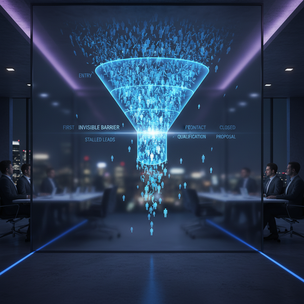 A photorealistic image of a conference room with a transparent funnel diagram projected on the wall, showing a dense entry of people and a barely visible barrier at the first contact stage, illustrating the invisible problem that stalls leads. Cinematic lighting, professional studio quality, 8k.