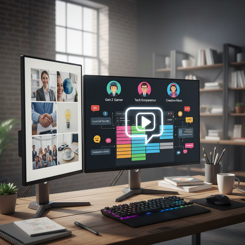 A photorealistic image of a creative desk with two monitors: the left monitor displays a grid of generic stock imagery, while the right monitor shows a tailored content plan with distinct audience personas and conversational icons, representing speaking the language of the audience. Cinematic lighting, professional studio quality, 8k.