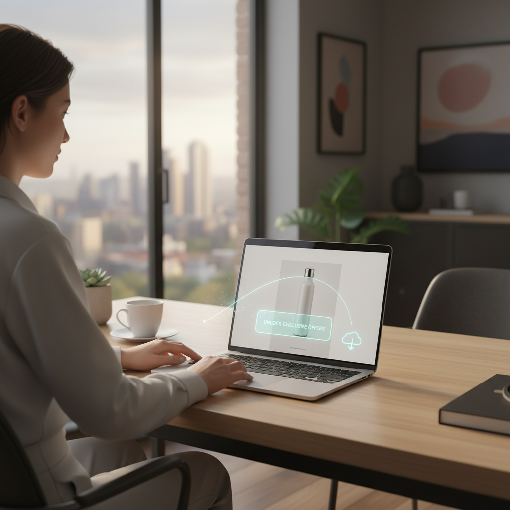 A photorealistic image of a shopper using a laptop on a clean desk in a modern home office, at the exact moment a subtle, seamless lead-capture element appears within an e-commerce product page, with a soft glow tracing a path from the product to a CRM icon, symbolizing the moment that turns visits into leads. Cinematic lighting, professional studio quality, 8k.