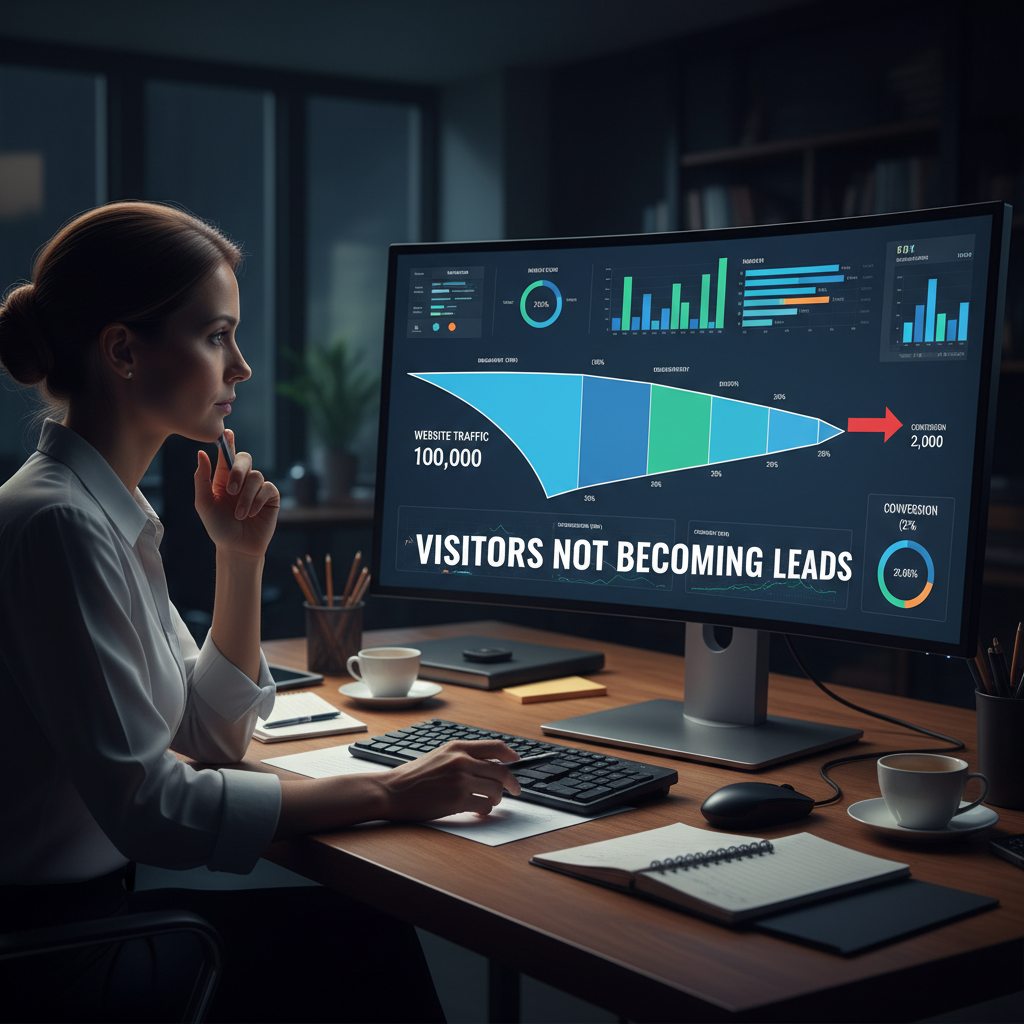A photorealistic image of a marketing analyst at a desk with a large monitor showing an analytics dashboard and a funnel diagram where the width is wide at the start and narrows toward conversion, illustrating the challenge of visitors not becoming leads despite traffic. Cinematic lighting, professional studio quality, 8k.