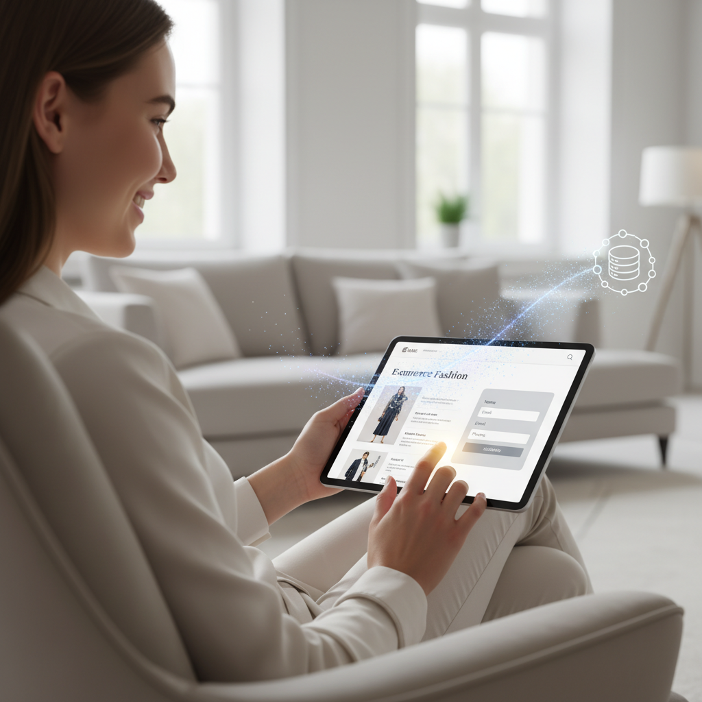 A photorealistic image of a shopper engaging with a redesigned shopping experience on a tablet, where the page integrates a subtle unobtrusive lead generation panel with blank input fields blending into the layout, and a soft data flow overlay linking the shopper to a CRM icon, representing the turning point to generate leads. Cinematic lighting, professional studio quality, 8k.