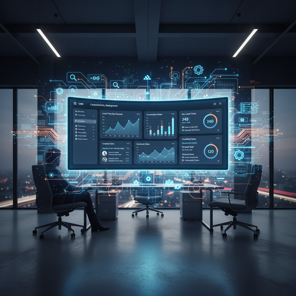 A photorealistic image of a modern CRM dashboard on a large monitor in a sleek office, displaying live lead data with multiple cards and charts. A translucent automation layer, represented by flowing lines, gears, and icons, sits behind the screen, implying invisible automation capturing leads. Cinematic lighting, professional studio quality, 8k.