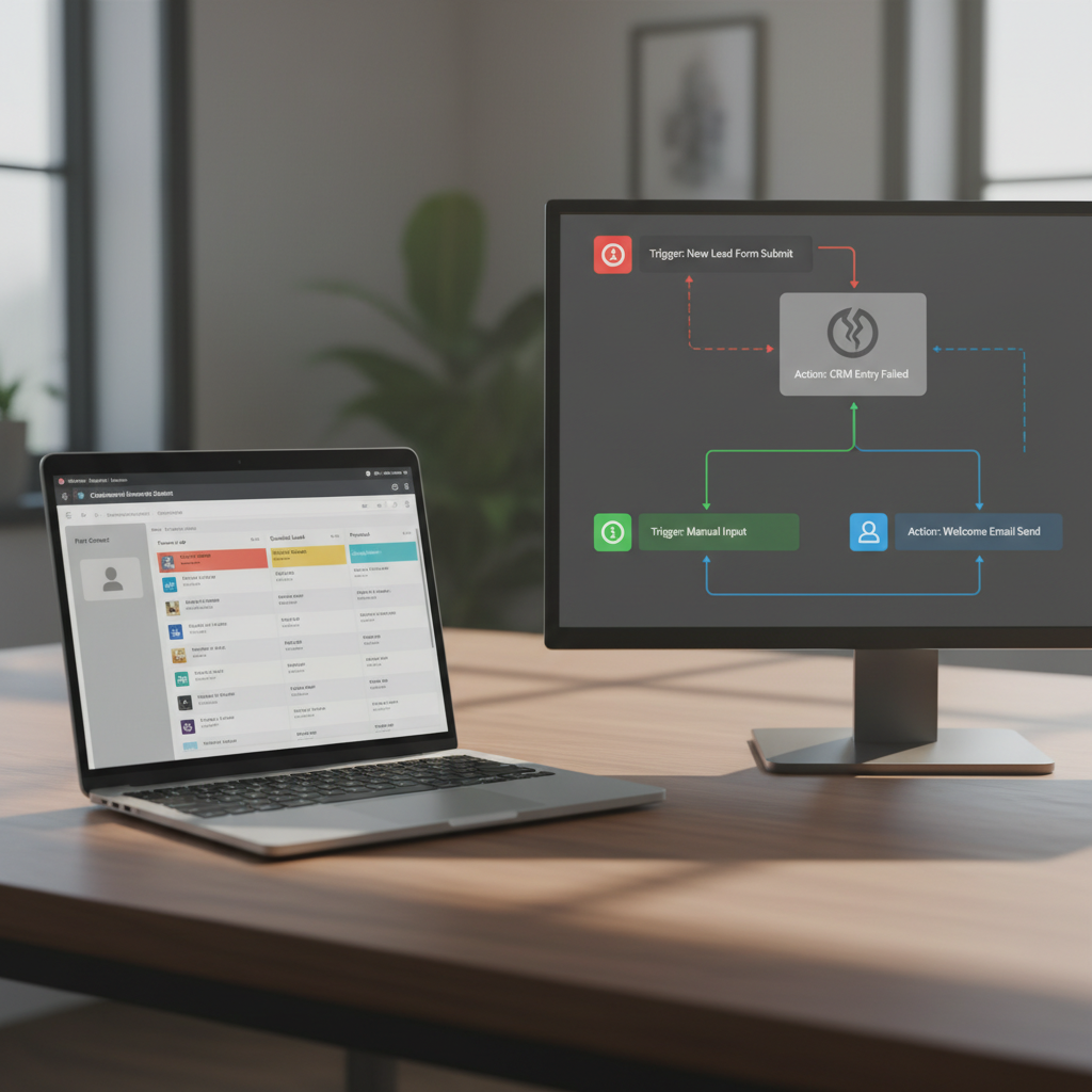 A photorealistic image of a workspace with a laptop showing a CRM pipeline. The first-contact stage is visually muted with a dimmed or empty card, while a second monitor displays an automation workflow with icons for triggers and actions connected by arrows, illustrating why initial lead capture fails. Cinematic lighting, professional studio quality, 8k.