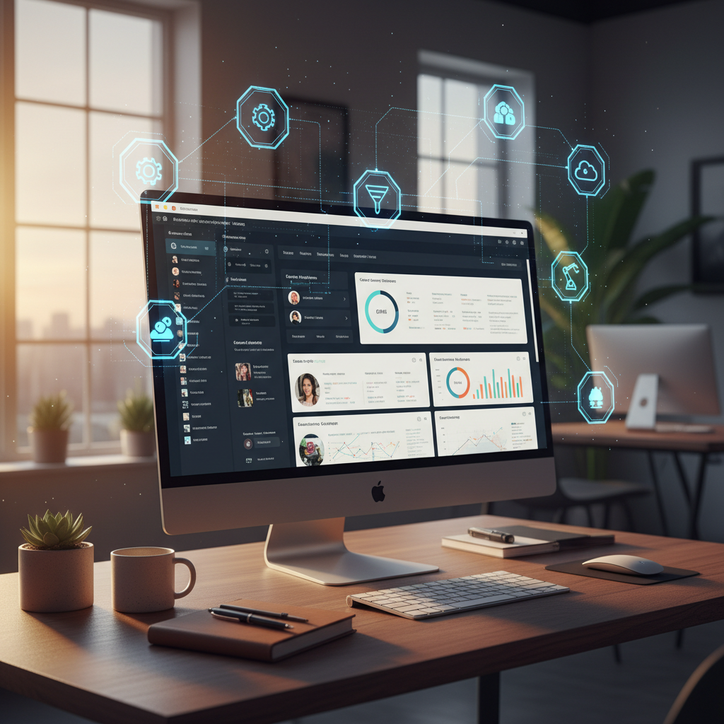 A photorealistic image of an office scene with a main monitor showing a CRM dashboard and a translucent overlay of an automation network behind it, featuring interconnected icons and flowing lines representing the invisible automation strategy. Cinematic lighting, professional studio quality, 8k.