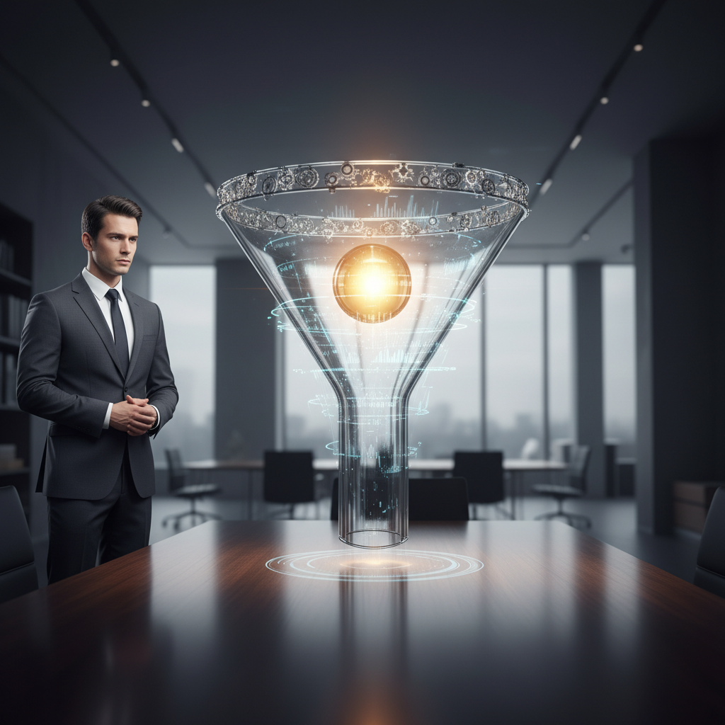 A photorealistic image of a large, transparent sales funnel hovering above a sleek desk in a modern office, with a single glowing lead entering from the top and a barely visible micro-mechanical ring at the rim trapping it inside; a suited professional watches nearby as faint holographic data lines circle the funnel. Cinematic lighting, professional studio quality, 8k.